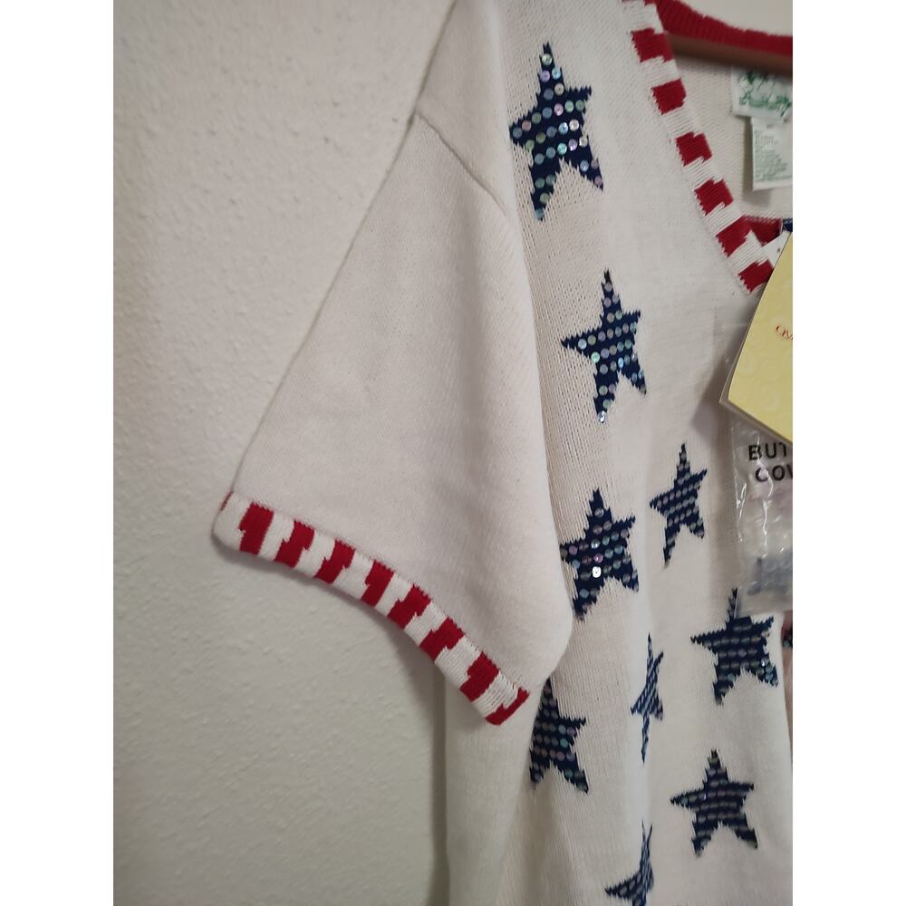 Quacker Factory White Blue Red Short Sleeve Patriotic Button Front Sweater 2X - Picture 8 of 11